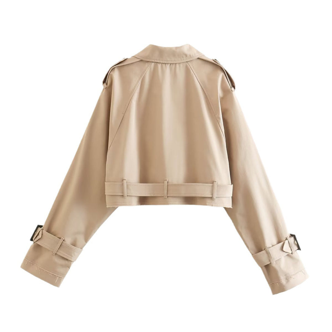 Classic women's short trench coat with belted waist, essential spring & fall outerwear.