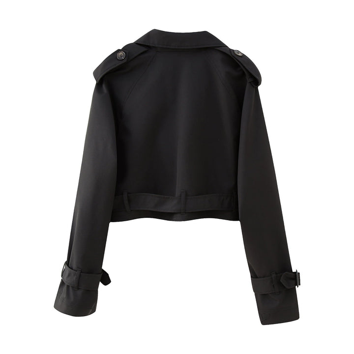 Modern women's short belted trench jacket, combining style and comfort for daily wear.