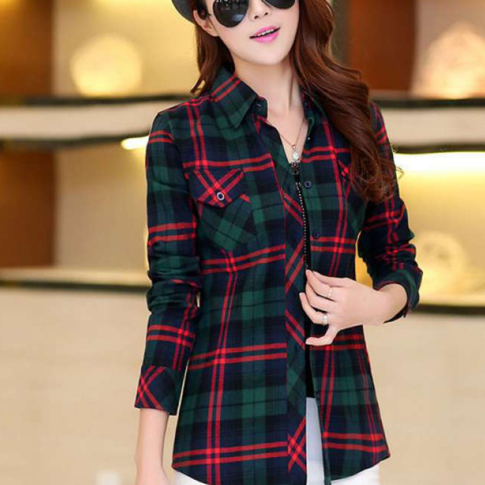 Elegant women's Sienna checked blouse, a versatile long-sleeve top for modern casual or business fashion.