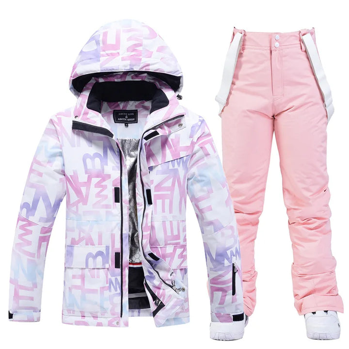 Modern women's ski suit, blending stylish activewear with high winter performance.