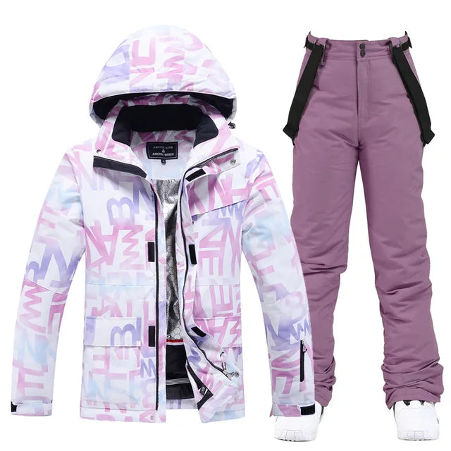 Close-up of durable fabric on women's performance ski suit, ideal for snow.