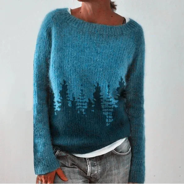 Model wearing elegant Nova women's long sleeve pullover, showcasing stylish fit and warm winter fashion.