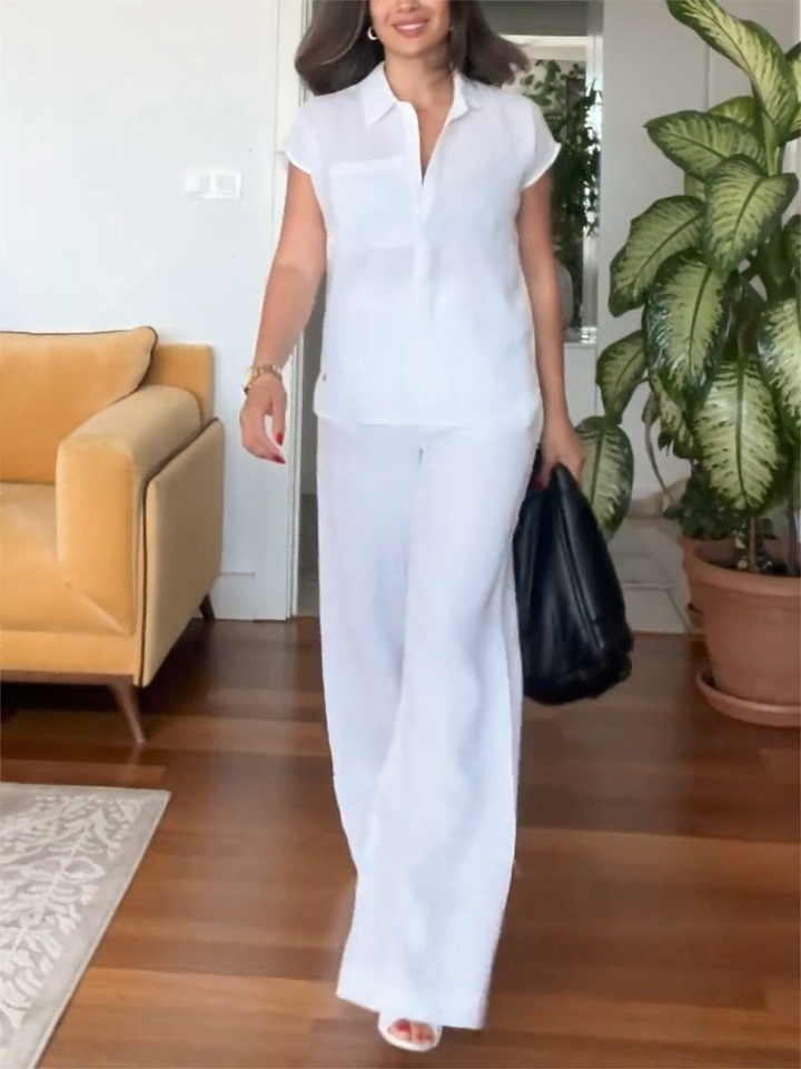 Women's summer two-piece set with short sleeve top & wide leg high-waist pants for effortless style & comfort.
