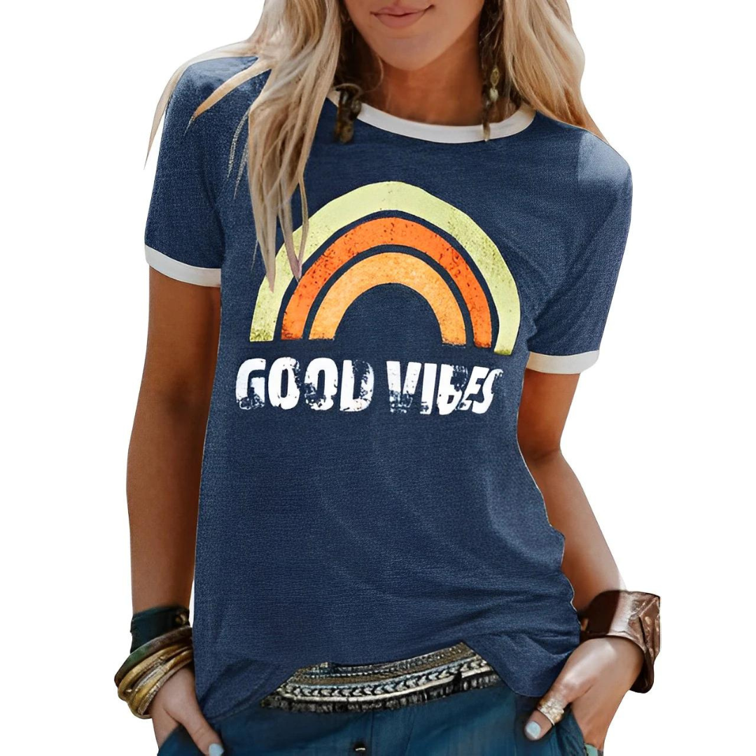 Colorful women's short sleeve t-shirt with vibrant rainbow print, comfortable everyday apparel