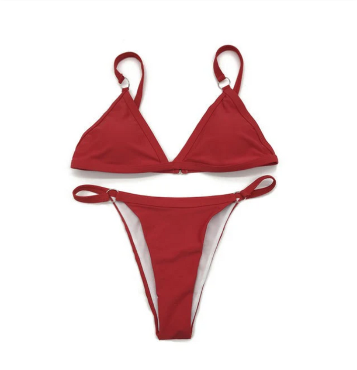 Women's sustainable bikini with adjustable straps, versatile and comfortable eco-friendly swimwear.
