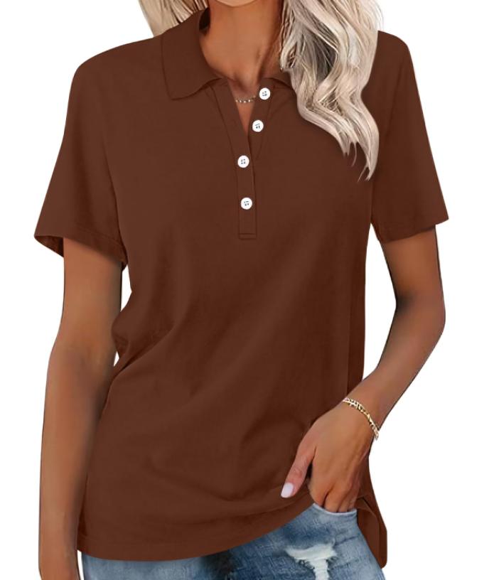 Close-up of Nova women's polo collar. Detailed view of soft fabric & well-stitched buttons.