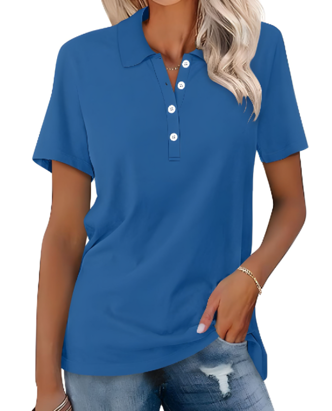 Model wearing Nova women's polo. Demonstrates comfortable fit & flattering silhouette for everyday style.