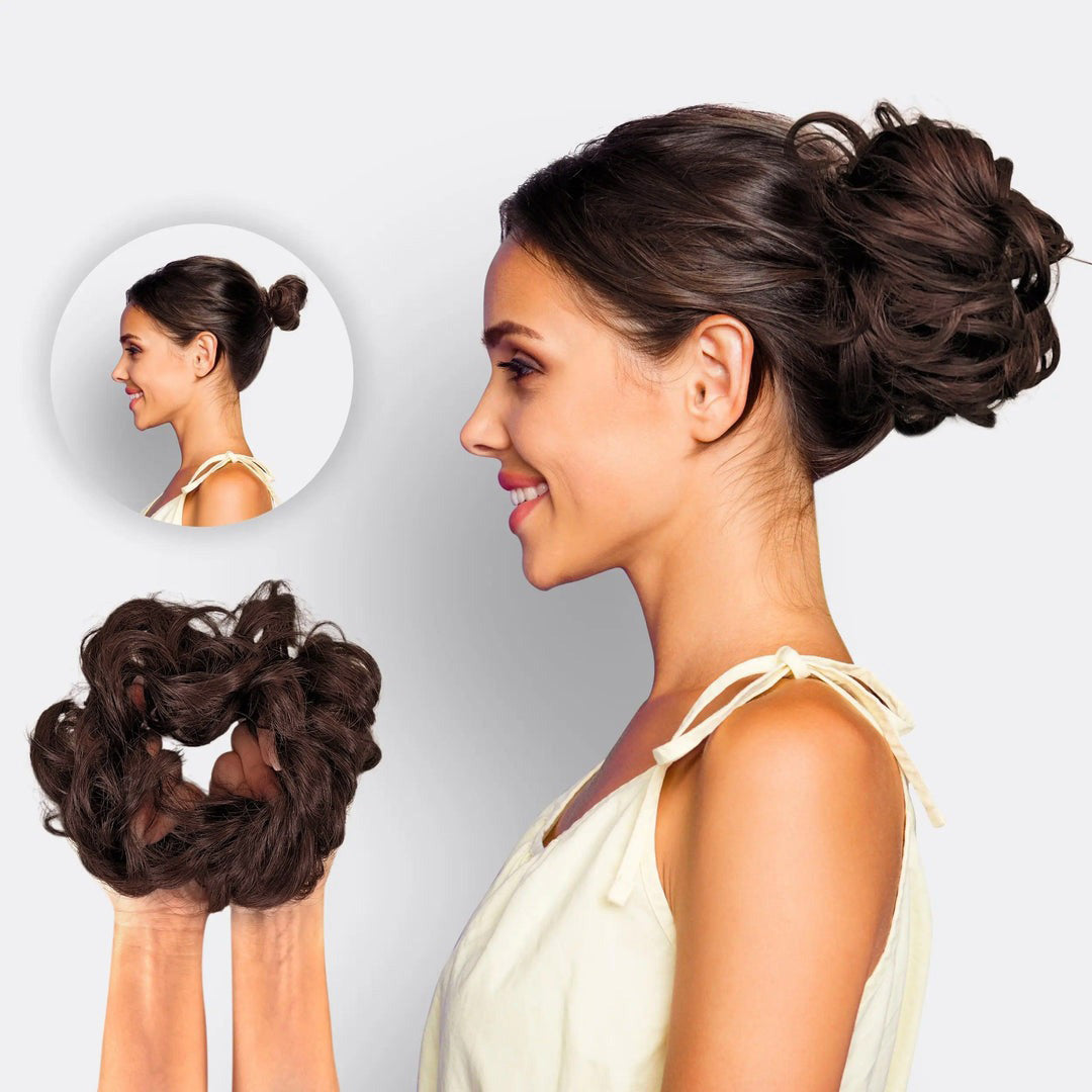 Women's synthetic hair extension scrunchie for instant hair bun volume and effortless updo styling.
