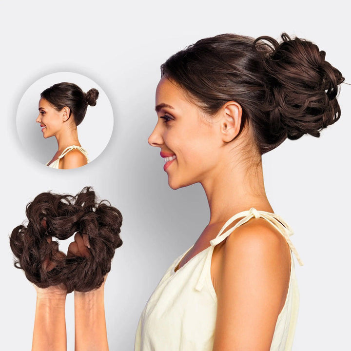 Women's synthetic hair extension scrunchie for instant hair bun volume and effortless updo styling.