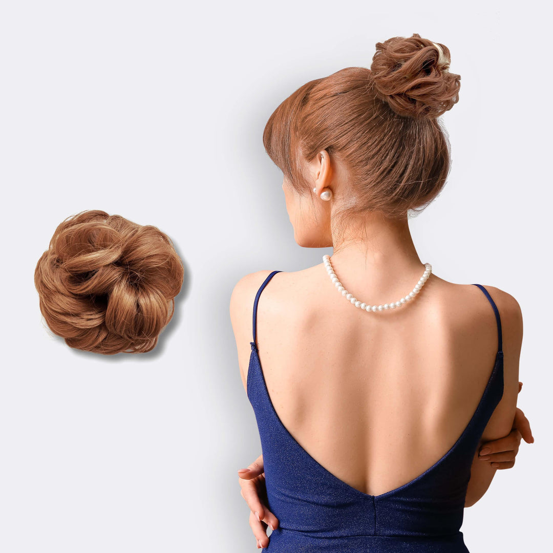 Elegant updo hair scrunchie for women, a synthetic hair extension designed to create a beautiful, full bun.