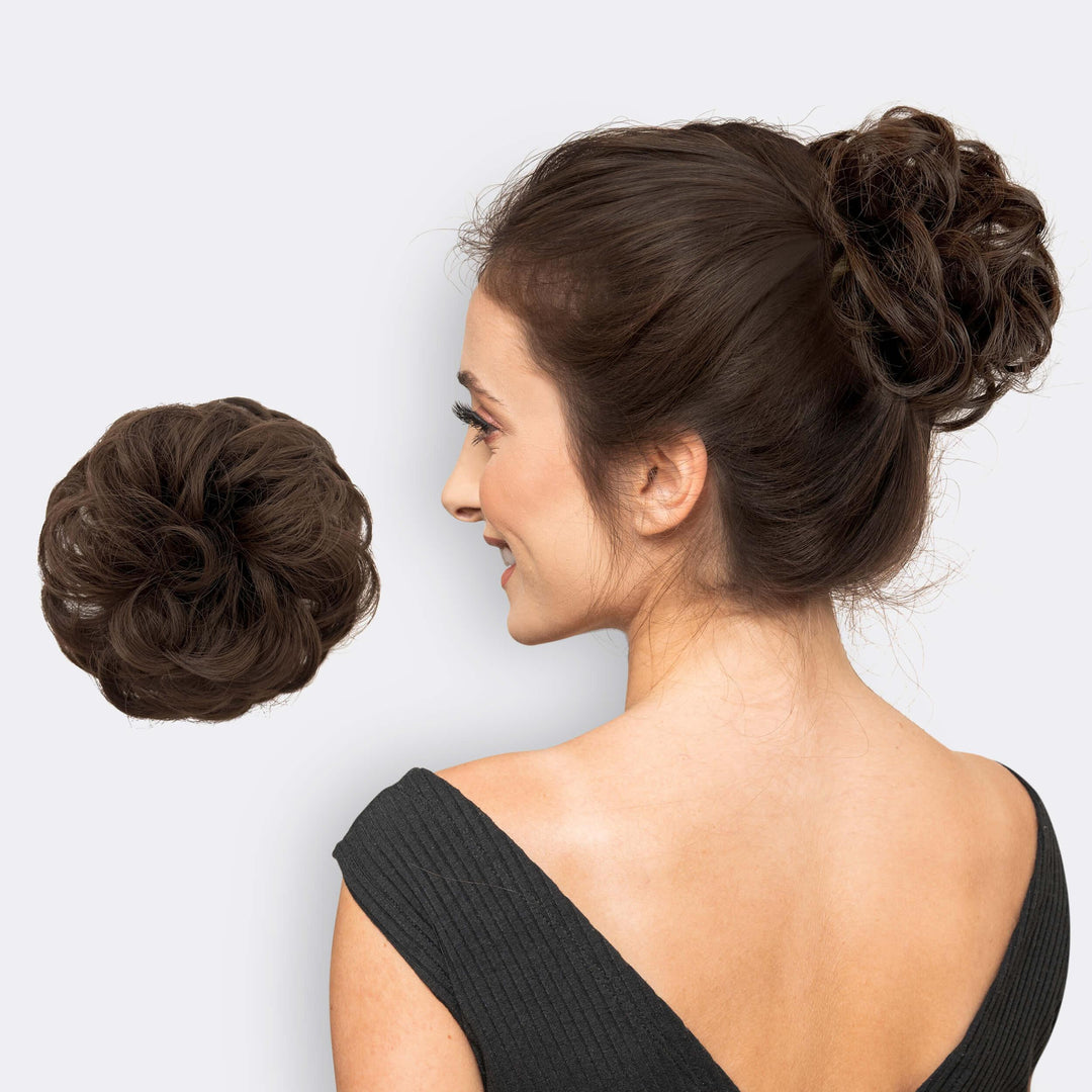Synthetic hair bun scrunchie accessory, designed for women to add natural-looking volume to their updos.