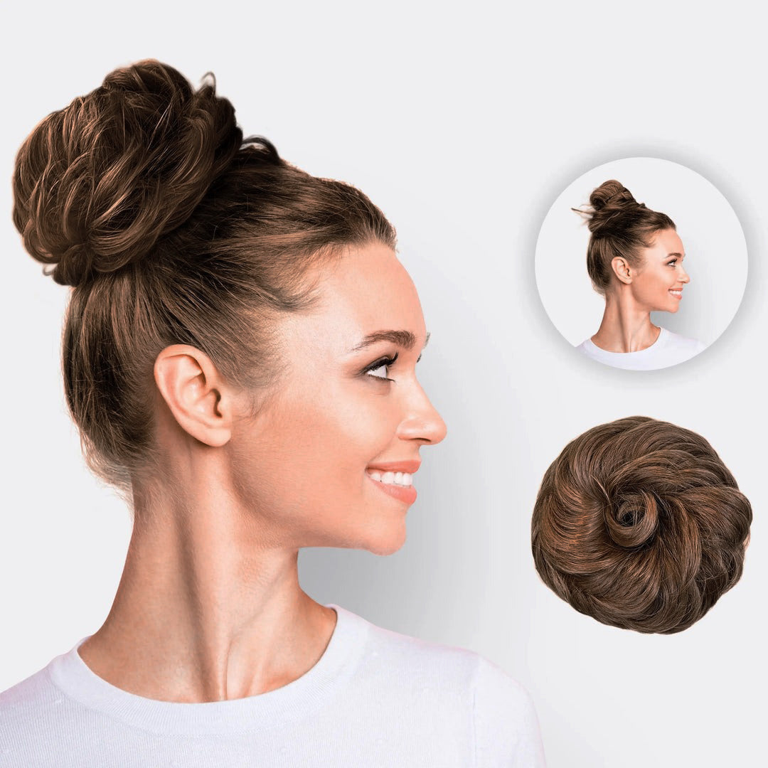 Effortless hair bun styling with this women's hair extension scrunchie, creating a fuller, chic updo.