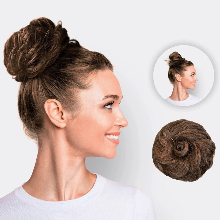 Effortless hair bun styling with this women's hair extension scrunchie, creating a fuller, chic updo.
