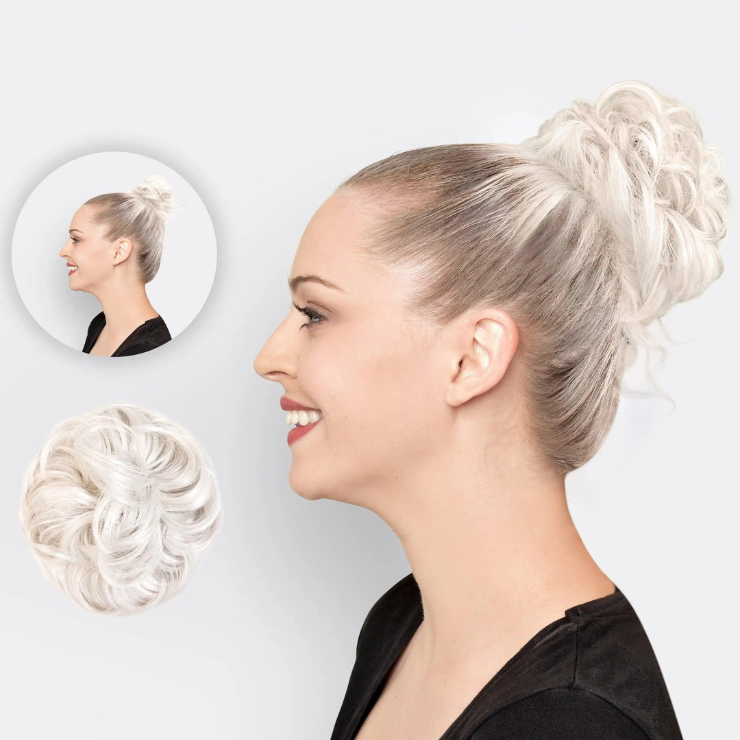 Achieve a beautiful, voluminous hair bun instantly with this women's synthetic hair extension scrunchie.