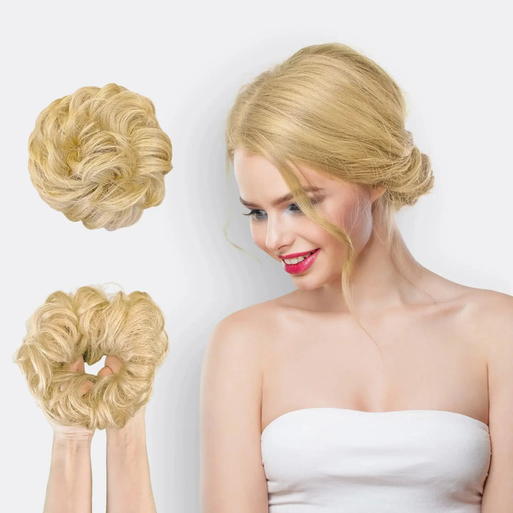Women's hair bun extension scrunchie for adding quick volume, perfect for a stylish and secure updo.