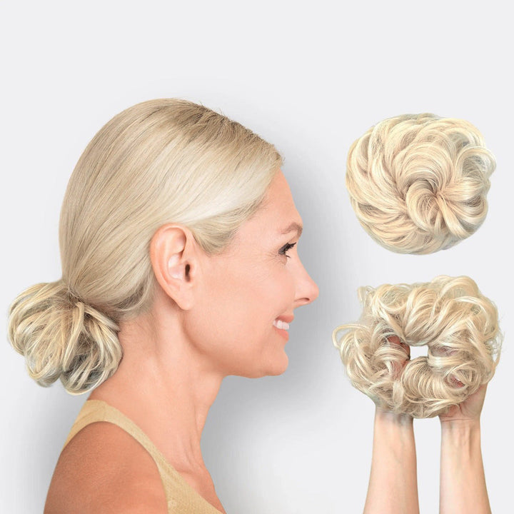 Chic synthetic hair scrunchie for women, offering instant volume and a perfect, natural-looking hair bun.
