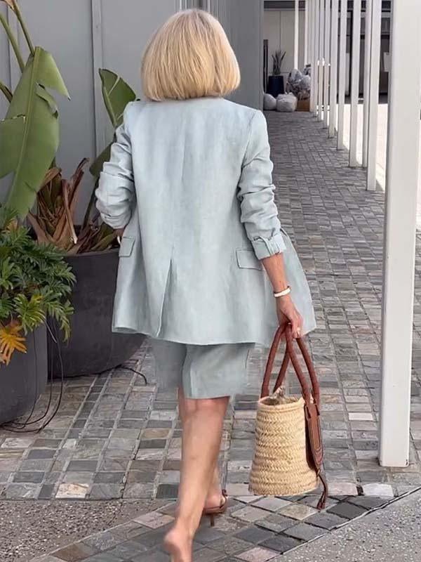 Women's comfortable linen blazer and high-waist shorts set, a breathable two-piece for summer fashion.