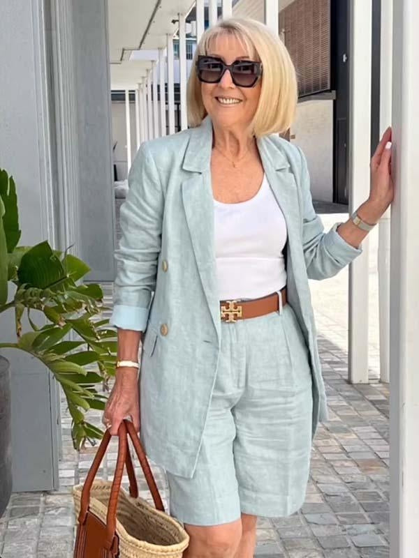 Modern women's linen blazer & shorts set, perfect for a casual chic summer look. Light green or black.
