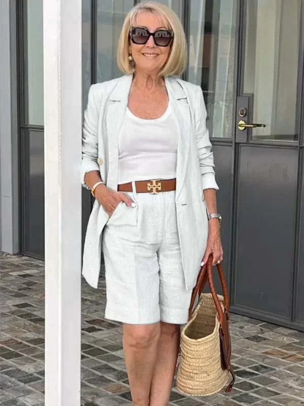Light green linen blazer and high-waist shorts set for women, elegant & casual chic summer fashion.