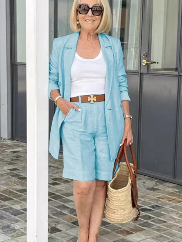 Black tailored linen blazer & high-waist shorts set for women, a stylish two-piece summer outfit.