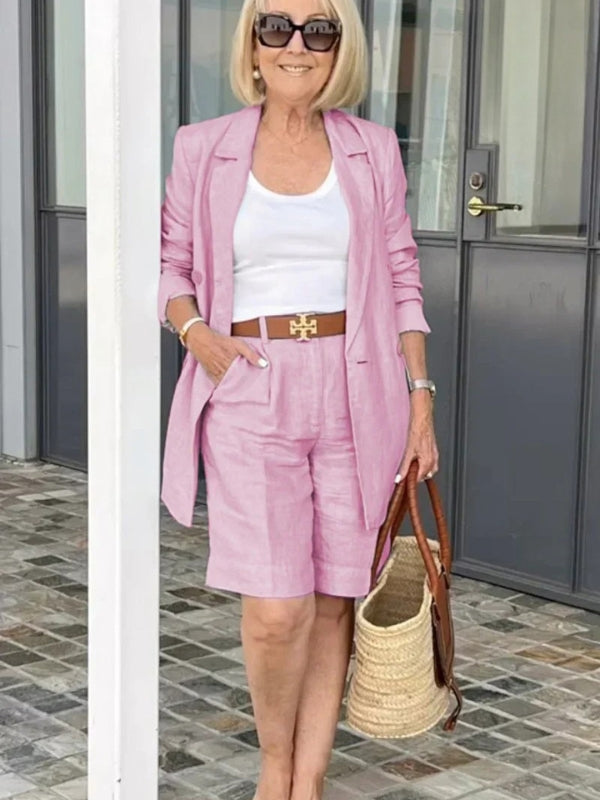 Breathable women's linen blazer & high-waist shorts set, comfortable & stylish for spring/summer fashion.
