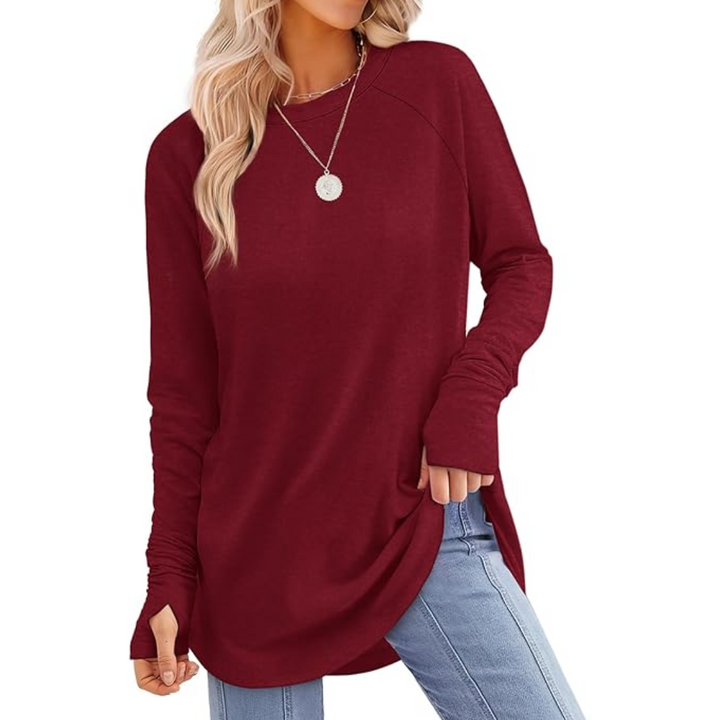 Fashionable women's long sleeve top, Tamari tunic with functional thumbholes