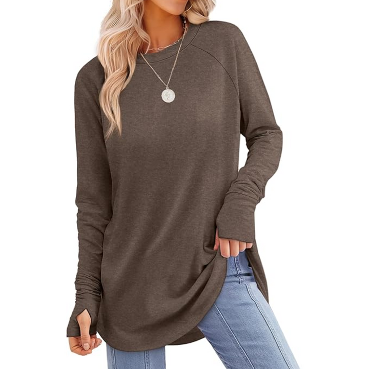 Cozy women's apparel: Tamari long sleeve tunic top featuring thumbholes
