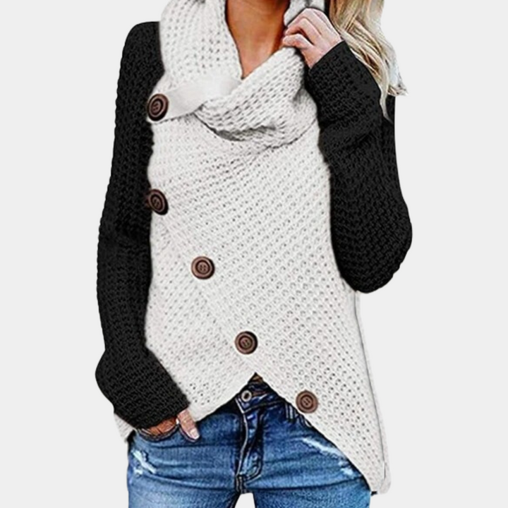Women's trendy asymmetrical knot sweater in a chic style. Versatile long-sleeve top for everyday fashion.