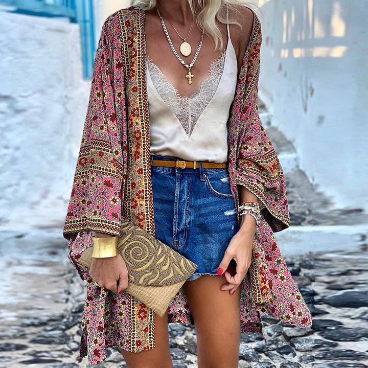 Stylish women's boho patterned cardigan. Trendy open-front design, long sleeves, great for bohemian fashion layers.