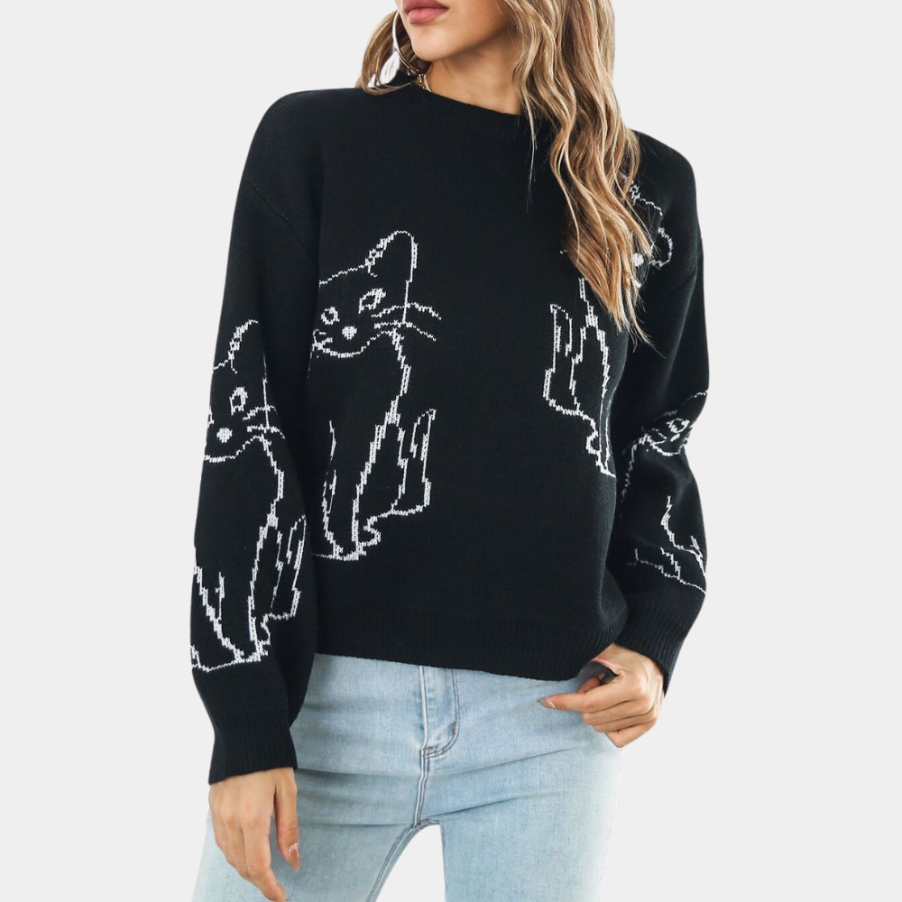 Relaxed fit women's cat print sweater, a cozy and playful long sleeve top for everyday wear.