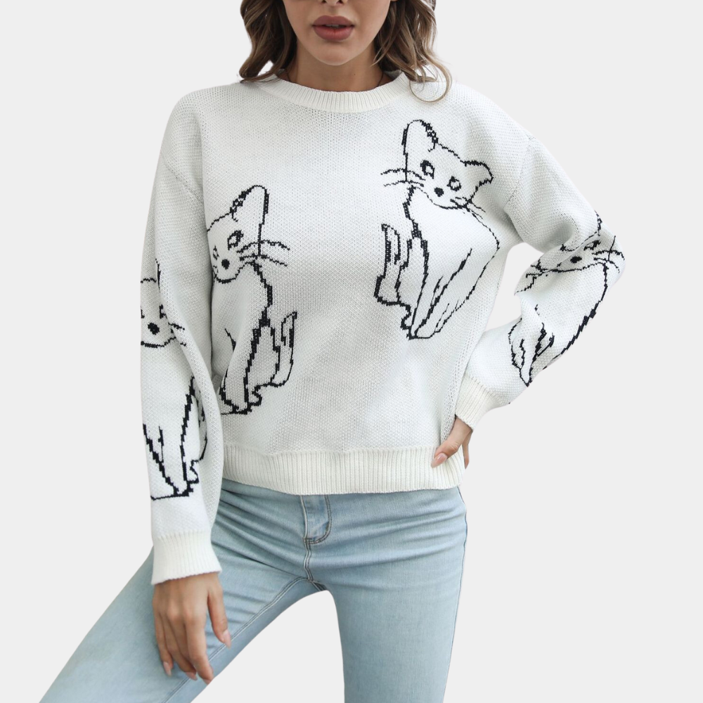 Fashionable women's cat print sweater, comfortable long sleeve pullover for stylish casual looks.