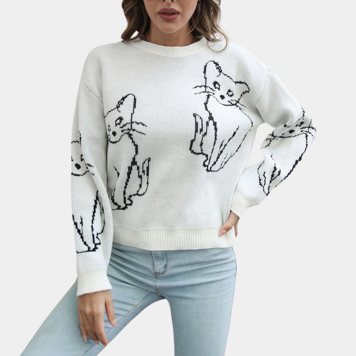 Fashionable women's cat print sweater, comfortable long sleeve pullover for stylish casual looks.