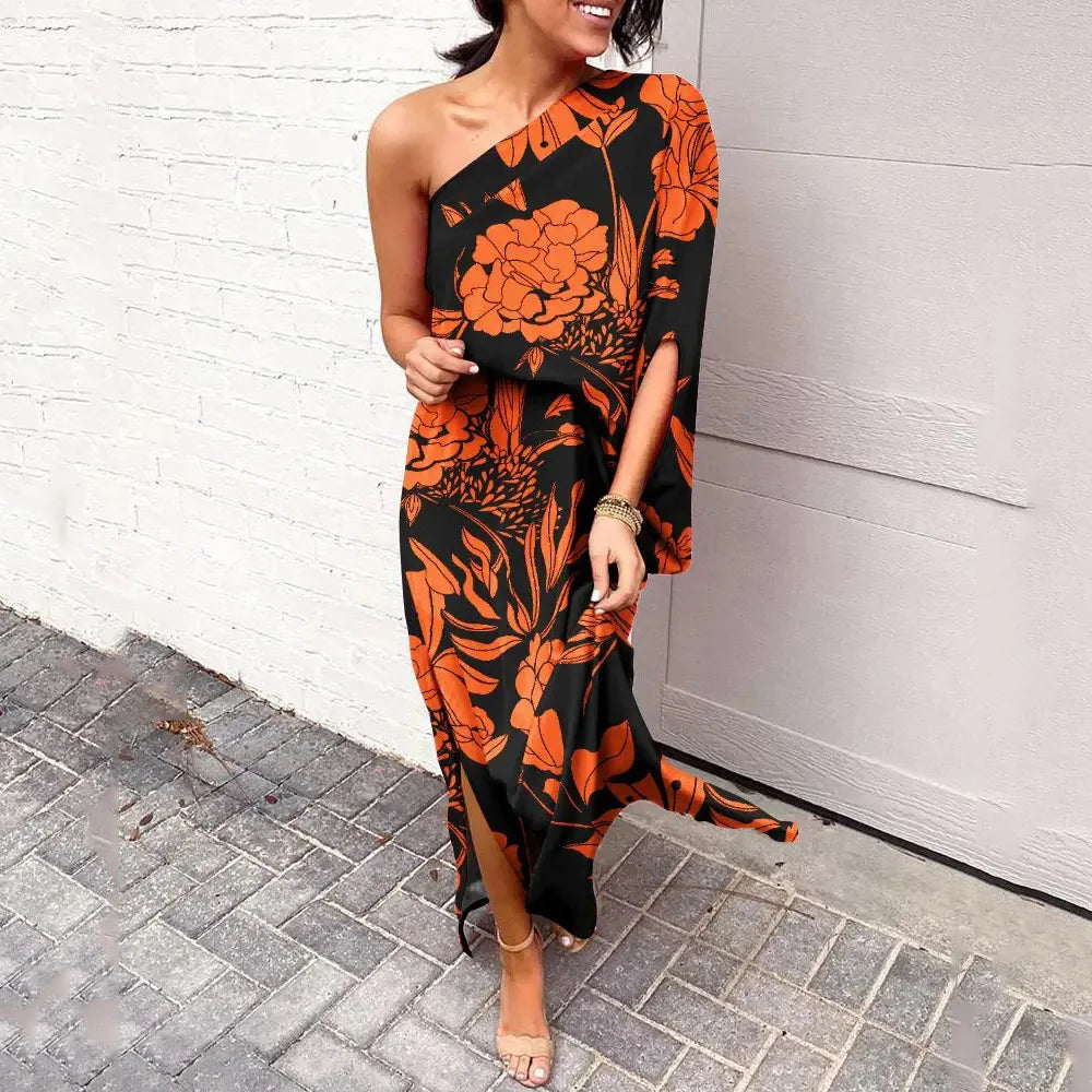 Stylish women's diagonal off-shoulder maxi dress, flattering and elegant for parties or vacation wear.