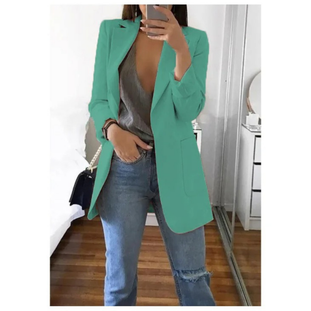 Women's trendy long blazer, an essential piece for modern fashion and versatile styling.