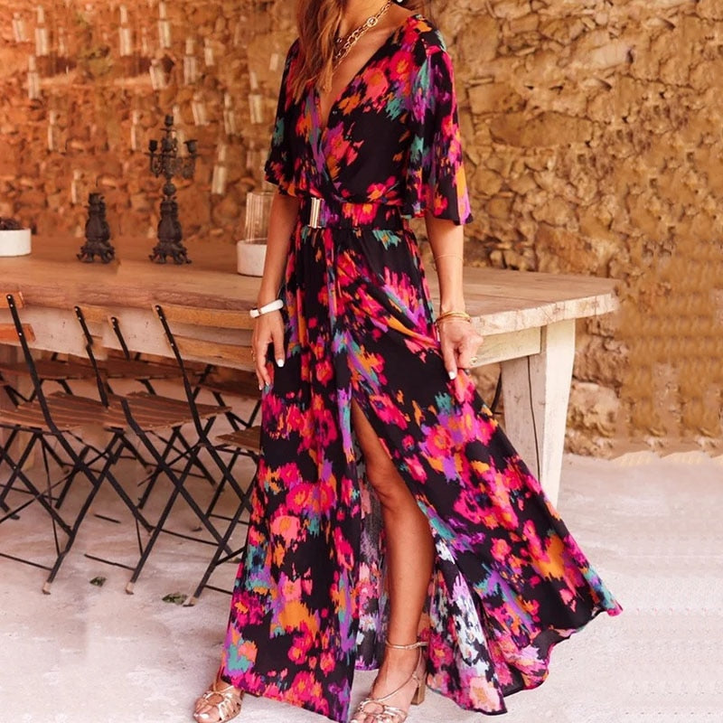Comfortable Women's Maxi Wrap Dress in green or black. Versatile long flowy dress for summer, beach, or formal fashion.