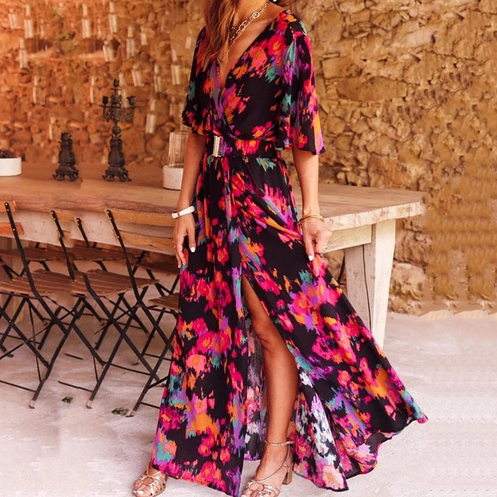 Comfortable Women's Maxi Wrap Dress in green or black. Versatile long flowy dress for summer, beach, or formal fashion.