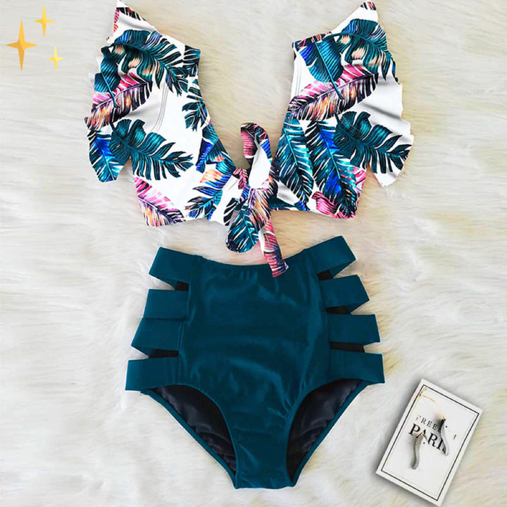 Feminine women's bathing suit: ruffle bikini top and high waist swim bottoms, great for vacation.