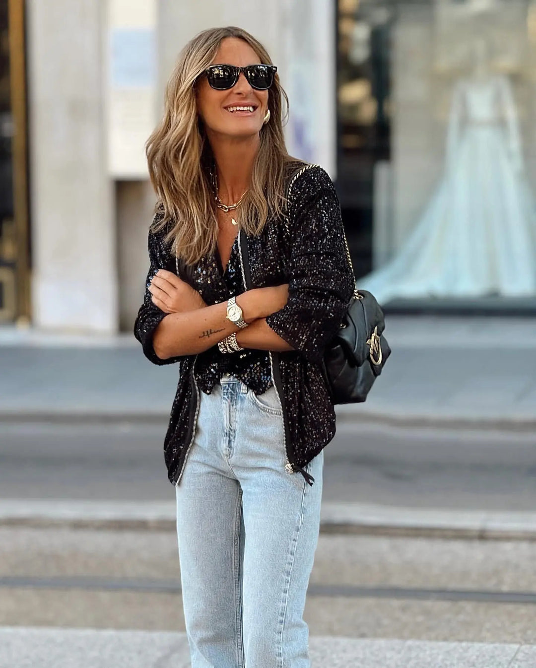 Stylish women's sequin blazer, a shimmering jacket for trendy spring fashion & events.