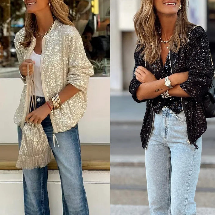 Fashionable women's sequin jacket, a shimmery blazer for special occasions & spring style.