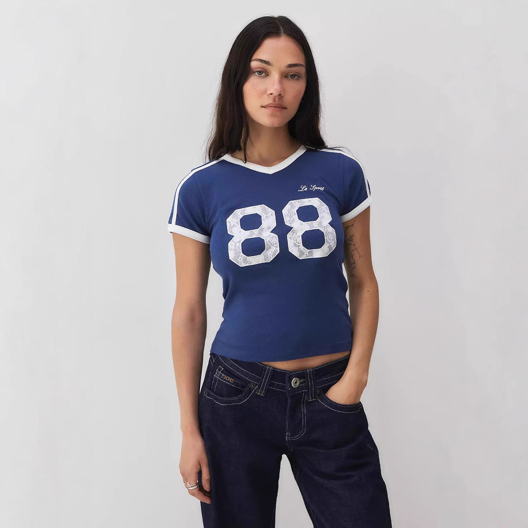 Women's trendy t-shirt with delicate lace detail & stylish contrast sleeves, perfect for casual chic.