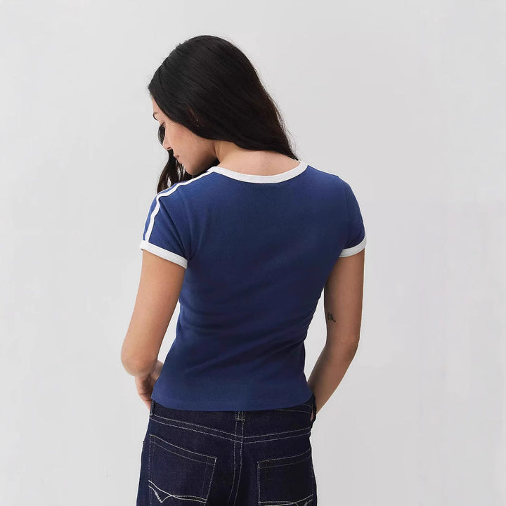 Trendy women's short sleeve t-shirt, elegant lace and contrast sleeves, versatile for everyday style.