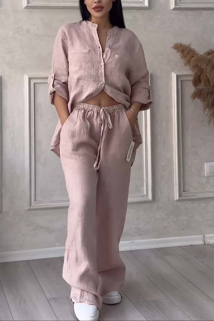 Trendy women's matching set with a blouse & wide-leg trousers, great for summer fashion & travel.