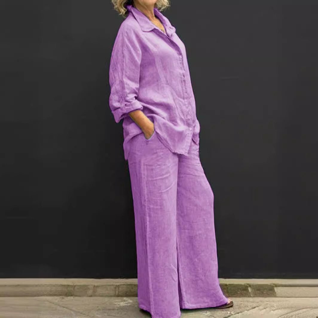 Ladies' summer two-piece set: a light cotton-linen blouse & comfortable trousers, perfect for warm-weather fashion.