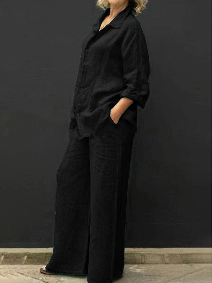 Women's cotton-linen blouse and trousers two-piece set, a comfortable and stylish ensemble for summer casual wear.