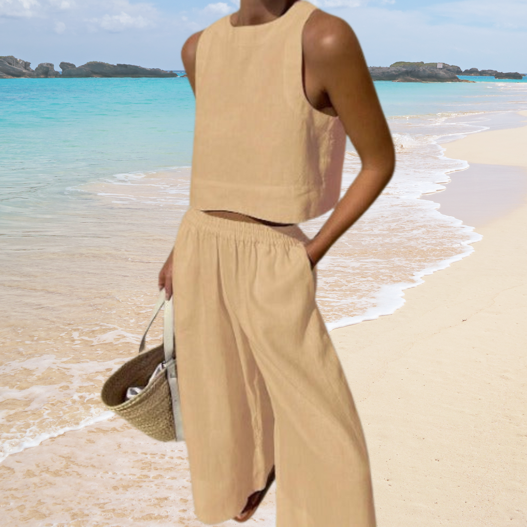 Stylish women's sleeveless crop top from a comfortable cotton linen two-piece summer set. Ideal for resort wear.