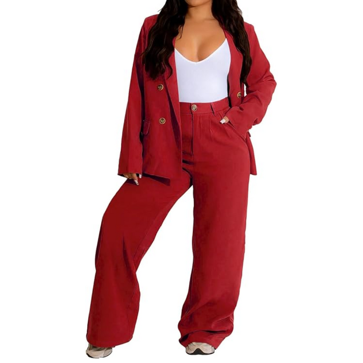 Fashionable women's blazer and wide leg trousers two-piece suit, ideal for business or smart casual wear.