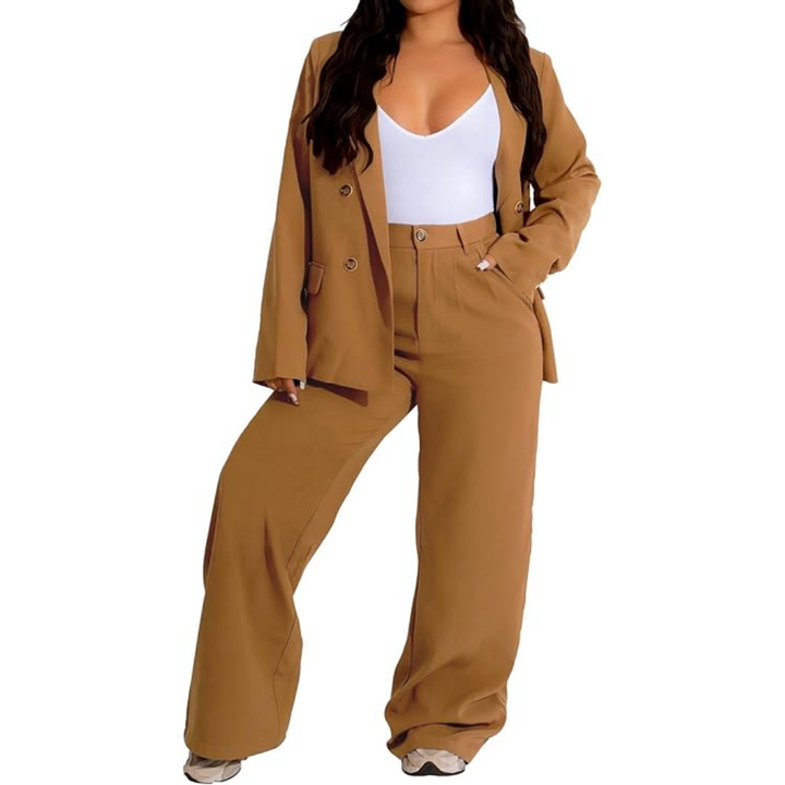 Women's professional two-piece blazer and wide leg trousers suit, perfect for work or events.