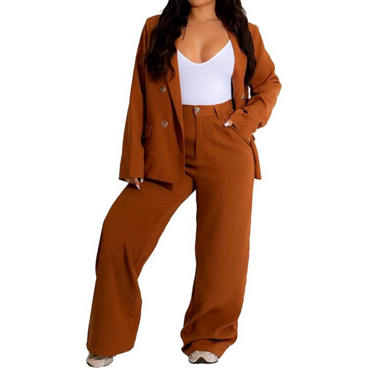 Versatile women's matching set: blazer and wide leg trousers that transition from office to evening.