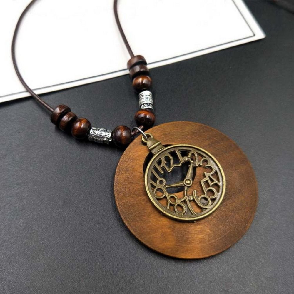 Unique women's boho retro wooden round pendant necklace, a natural accessory.