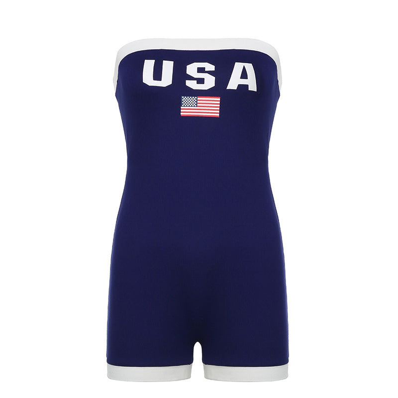 Women's patriotic USA flag bandeau swimsuit, trendy swimwear for summer beach days and poolside fashion.
